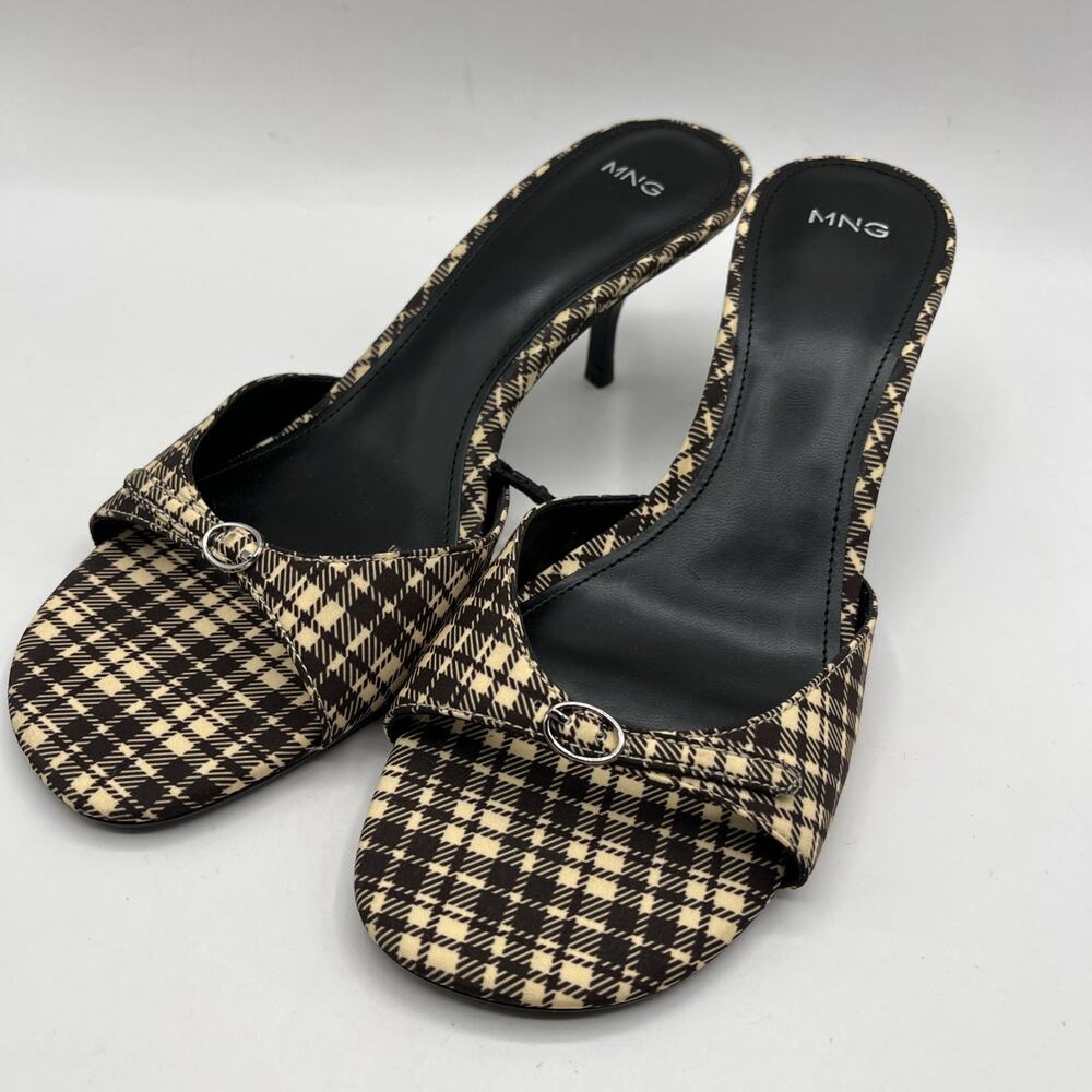 MANGO MNG Sandalia Peep Toe Kitten Heel CHECKERED SANDALS Brown Beige TRIED ON - Picture 10 of 10
